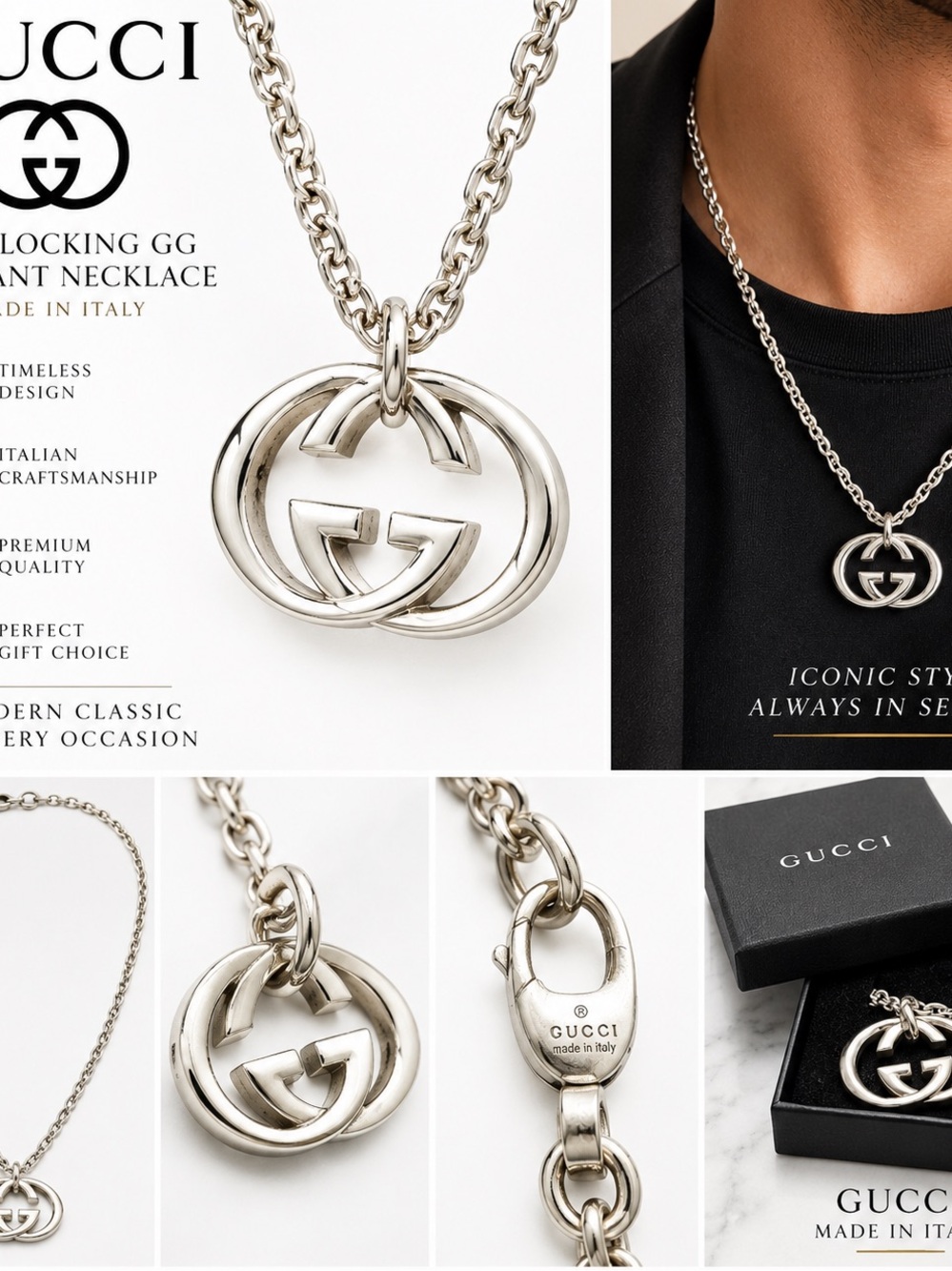 Gucci Silver Double-G Pendant Chain Necklace